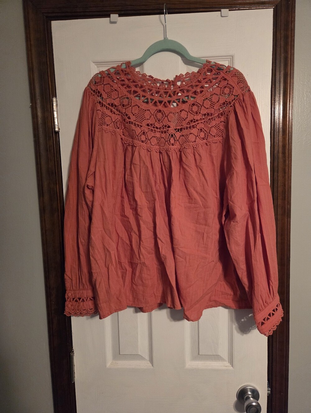 torrid Crochet Yoke Long Sleeve Top - Coral Pink